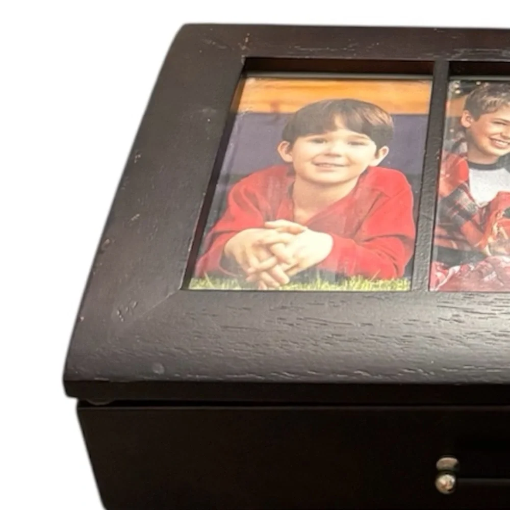 Vintage Dark Wood Jewelry Box 2-Drawer Glass Lid Trinket Organizer Picture Frame